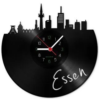 GRAVURZEILE Schallplattenuhr - Skyline Essen - Wanduhr aus gegossenem Vinyl mit Stadt Skyline 30 cm - Upcycling Design-Uhr Wand-Deko Vintage Wand-Dekoration Retro-Uhr - Made in Germany