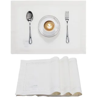 JEMIDI 4er Set Tischset mit Hohlsaum - 4 Tischsets aus Baumwolle - 4X Platzdeckchen Platzset aus Leinenoptik Stoff - Tisch Sets Platzsets Placemats - Weiß