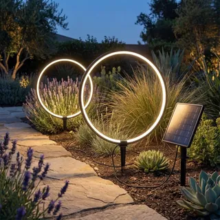 Solar Gartenleuchten 2er Set – LED Solar Gartenstecker modern, Solarleuchte Garten Leuchtringe Design warmweiß, Aluminium - Schwarz