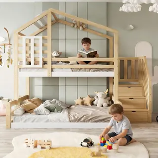Su & Chan Legence Hochbett 90 x 200 und 140 x 200 cm, Kinderbett Etagenbett mit Treppe und Stauraum, Hausbett mit Fenster und Geländer für 2 Kinder, Natur