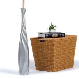 Leewadee Große Hohe Bodenvase 65 cm - Handgefertigte Mangoholz-Bodenvase in Silber für Pampasgras & Trockenblumen