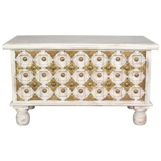 Oriental Galerie Truhe Indische Truhe Kiste Schatztruhe Weiß Gold 80cm, Holztruhe, Couchtisch mit Fach, Schatzkiste, Holzkiste Wohnzimmer weiß