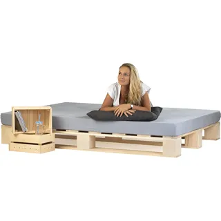 Lermowood Palettenbett M1 aus Holz 200 x 200 cm Natur mit Lattenrost Holzbett 20cm Stabiles Seniorenbett Kinderbett Jugendbett Gästebett erhöhtes Einzelbett Bettgestell Futonbett Komforthöhe Naturholz
