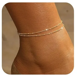 Irikdescia Fußkettchen, Mehrlagige Fußkettchen, Fusskette aus 14 Karat Gold, Glieder Perlen-Strass-Fußkettchen, für Frauen, Goldschmuck, Geschenk, Fußkettchen für Damen (Gold)