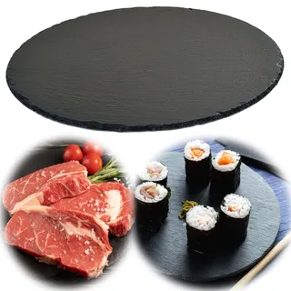 LS-LebenStil XL Schieferplatte 35x35cm Schwarz - Naturschiefer-Platten - Rund - Servierplatte Schieferteller Tischset Sushi Deko Tablett Tapas-Teller Schiefertafel Steinplatte Tafelplatte
