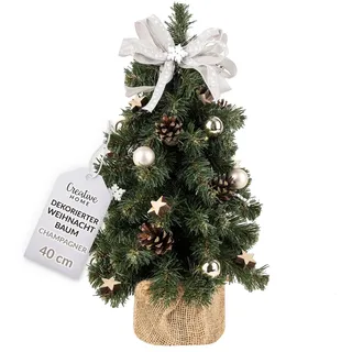 Creative Home Kleiner Weihnachtsbaum Champagner Geschmückt | Höhe 40 cm | Künstlicher Tannenbaum Mini im Jutesack | für Tisch Schreibtisch Büro | Innen & Außen | Weihnachtsdeko Geschenk