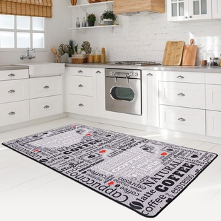 miqna Teppich Moderner Küchenteppich Gel Läufer Küchenläufer Grau Weiß Schwarz mit rutschfestem Bodenmuster mit Schriftzug Coffee Macchiato (Grau, 100 x 200 cm)