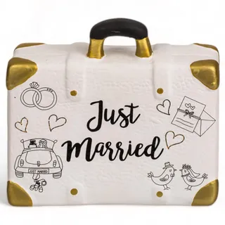 MIJOMA Hochzeitsspardose zur Ehe-Ersparnis: Originelle Spardose mit Schloss, Just Married in Keramik – Perfekt für Ehepaare und Sparfüchse (Hochzeitskoffer)