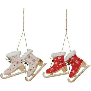 Schlittschuhe Holz Hängen rot weiss Schneeflocke Dekoration Weihnachten 4er Set