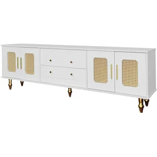 Merax Lowboard, TV-Möbel im Retro-Stil, goldene Griffe, viel Stauraum,  Mit Glastür und Beinen aus Massivholz  , Weiß