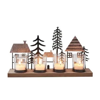 Home-trends24.de Teelichthalter mit Tablett Häuser & Tannen Teelicht Kerzen Halter Board schwarz Weihnachten schwarz