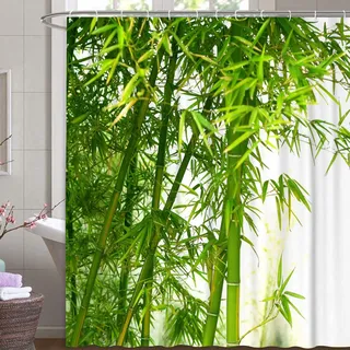 M&W DAS DESIGN Duschvorhang Bambus Textil Vorhang grün exotisch Bambus-Baum-Wald Schimmelresistent Bambusblatt Farbefest inkl. 12 C-Ringe Gewicht unten