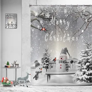 Hnmdmyi Duschvorhang Weihnachten 180x180, Winter Schneemann Schneeflocke Weihnachtsbaum Kardinal Vogel Urlaub Grau Badewanne Vorhang Wasserdicht Polyester Stoff Waschbar Badevorhang mit Haken