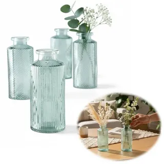 LS-LebenStil Tischvase 4x Retro Glas Vase 14cm Salbei Grün Set Blumenvase Deko Tischvase (Väschen Dekovasen Tischdeko Frühling Blumendeko Glasflaschen Tischdeko Hochzeit, für Wohnzimmer Pampagras Trockenblumen Tulpen Rosen)