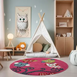 SIMPEX Runder Kinderteppich Eule Violett Ø160 cm Großer Spielteppich für Mädchen Extra Weich & Allergikergeeignet Liebevoll fürs Kinderzimmer gestaltet