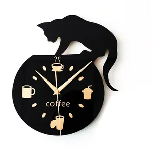 WINOMO Stille Cartoon Wanduhr Nette Klettern Katze für Trinken Kaffee Uhr Wand Dekoration Tasse Kaffee Uhr