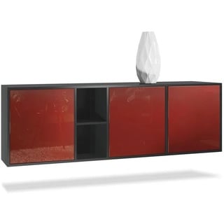 Vladon Sideboard Cuba (Kommode, mit 3 Türen und 2 offene Fächer), Schwarz matt/Bordeaux Hochglanz (182 x 53 x 35 cm) rot