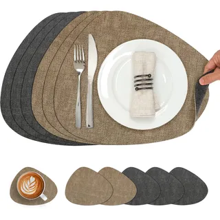 Chitomars Tischsets Kunstleder und Untersetzer, Tischsets Abwaschbar Doppelseitigen rutschfest Platzsets Rund Lederoptik Platzdeckchen Teller Untersetzer (6er Set, Grau Beige)