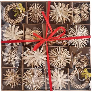 74 x Strohsterne Ø 6 cm - Baumschmuck nachhaltig - Christbaumschmuck | Stroh Sterne für den Christbaum - Baumhänger Stroh - Weihnachtsbaumschmuck Holz