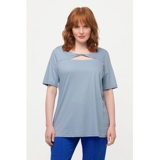 Ulla Popken Rundhalsshirt T-Shirt Drapierung Cut-Out V-Ausschnitt Halbarm blau 54/56