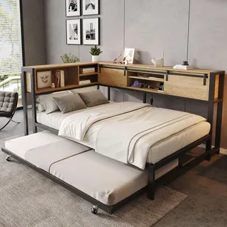 Merax Metallbett Kinderbett 120x200 cm mit Ausziehbett 90x190 cm, Stauraum-Kopfteil mit Schiebetüren und Ladefunktion, Tagesbett Gästebett, Schwarz - Schwarz