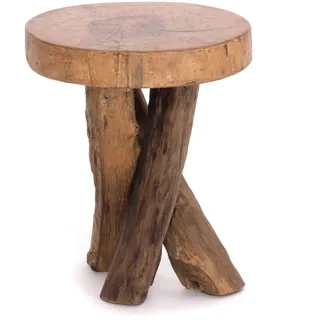 Rustikaler HOLZTISCH TEAK 40 mit Gestell aus Holz Stämmen| 41x34cm (HxØ), Teakholz | rustikaler Beistelltisch, Dreibeintisch, Fußhocker, Telefontisch, Pflanzenhocker | Farbe: 01 natur-vintage