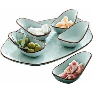 LOBERON Servierschälchen 6er Set Biarré, fünf Schälchen + Unterteller, für Dips und Saucen, traditionelle Handarbeit, Küchenutensilien, Tischaccessoires, Steinzeug, türkis