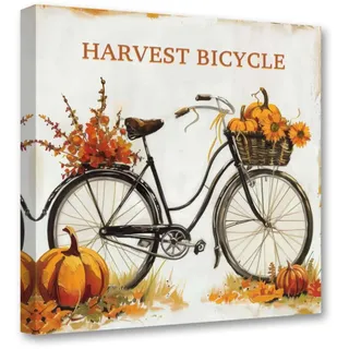 CXHOSTENT Herbst Leinwandbilder Kürbis mit Fahrrädern Bild Herbsternte Kunstdrucke Erntedankfest Wanddekoration für rustikale Küche Gerahmt (Gelb, 30.00 x 30.00 cms)