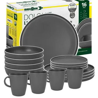 BRUNNER: Melamin Geschirr-Set Camping | 16-Teilig - Teller & Kaffe-Becher für 2-4 Personen | DOLOMIT Lunch Box - Stapelbar, Kratzfest