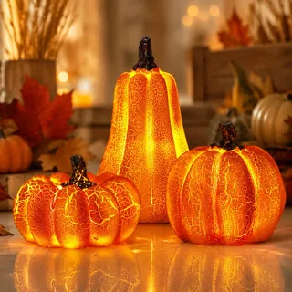 Herbstdeko Kürbis Deko mit LED Licht,3 Stück Herbst Deko Kürbis | Laterne Beleuchtet,Halloween Kürbis Laterne Deko Figuren,Herbst Dekoration Licht fur Tischdeko,Halloween,Party,Garten