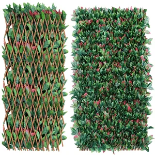 Künstliche Hecke Efeu Sichtschutz, Balkon Sichtschutz Kunstpflanzen Sichtschutzfächer für Balkon Garten, 100x200 cm, Ausziehbar Größe - Blätter A