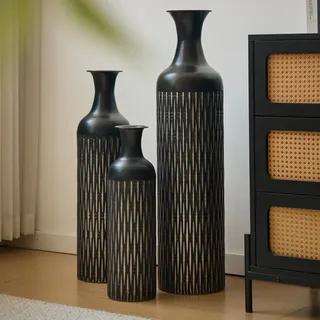 LVHOM Dekovase Bodenvase, Tischvase, 3 tlg. Geometrisches Metall-Vasen-Set, Schwarz (drei Höhen (50 cm, 66 cm, 83 cm), Handgefertigt aus Metall. Langlebig & makellos. Exklusiv für Trockenblumen/Pampas & Stil, Ideal als Raumteiler, Pflanzübertopf, Solitärobjekt kreativ gestapelt), Raumbereich: Hotel bis Wohnzimmer. Keine Montage nötig schwarz