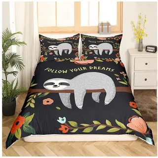 LuxusKollektion Kinderbettwäsche Bettwäsche Set 200x200 Faultier Blumen