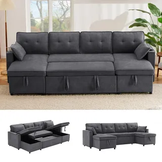 Merax Ecksofa mit Schlaffunktion, U-Form - Couch Schlafsofa mit Bettkasten und extra großem Stauraum, für Wohnzimmer/Schlafzimmer, Big Sofa, Grau