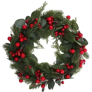 CLISPEED Künstlicher Weihnachtskranz Lebensecht Handgefertigt aus Pe und Seidenstoff mit Roten Beeren und Eukalyptus und Türdekoration für Festliche Wohnatmosphäre