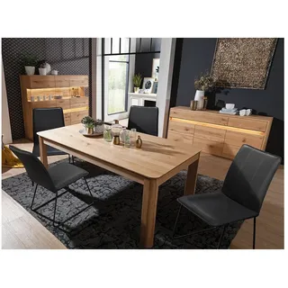 Lomadox Esszimmer-Set WELLAND-69, (Spar-Set, 3-St., Esstisch Highboard Sideboard), in Eiche massiv geölt inkl. Beleuchtung, Esstisch 180x100 cm, montiert braun