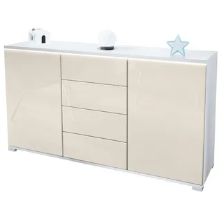 Vladon Sideboard Faro V1 (Kommode mit 2 Türen & 4 Schubladen, Schrank mit LED Lichtleiste), Weiß matt / Creme Hochglanz (138,5 x 75,5 x 35) gelb
