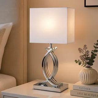 Arnusa Design Tischlampe Chrom Silber Nachttischlampe 50 x 22 cm mit weißen eckigen Schirm Tischleuchte silberfarben E27