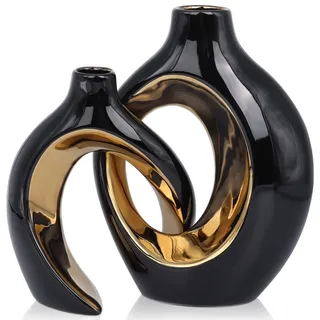 XIAOMAGG Keramik Vase,2er Set Hohle Weiße Moderne Vasen für Nordisches, Vasen Deko, ästhetische Boho Blumenvase für Zuhause, Wohnzimmer, Büro, Bauernhaus, Couchtisch Dekoration(Schwarzes Gold)