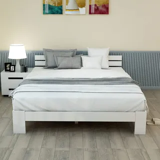 Doppelbett aus Massivholz, 140 x 200 cm, mit Kopfteil und Lattenrost, Kiefer natur (ohne Matratze)
