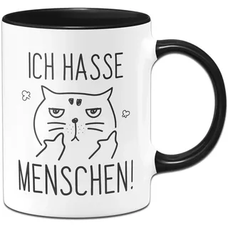 Tassenbrennerei Tasse Ich hasse Menschen Tassen mit Spruch Katze lustig - Spülmaschienenfest (Schwarz)