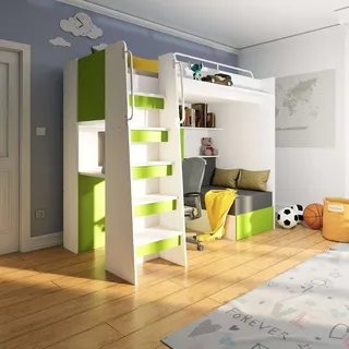 Marlux-Meble Hochbett JSM-7 90x200 TREPPE Links mit Schreibtisch Schränke und Ausklappbares Sofa 70x180 Matt Funktionsbett Etagenbett Stockbett Kinderhochbett Jugendhochbett (Limette Matt)