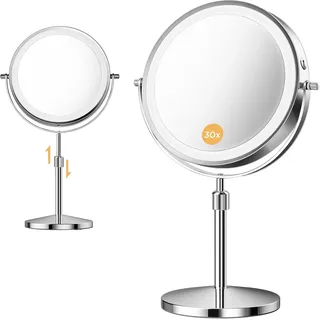 tubbede Schminkspiegel, 1X/30-fache Vergrößerung mit 3-stufigen LED-Lichtern, 5000 mAh, wiederaufladbar, doppelseitig, 22,9 cm Vergrößerungsspiegel mit 360° Drehung, perfekt für Präzisionspflege und