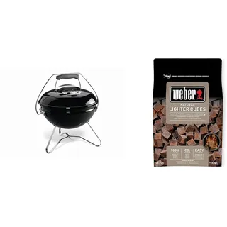 Weber 1121004 Smokey Joe Premium, Holzkohlegrill, 37 cm, schwarz, für unterwegs, tragbar & 17612 Anzündwürfel braun, ohne Zusatzstoffe, 48 Stück