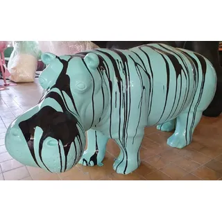 Casa Padrino XXL Deko Skulptur Nilpferd Mintgrün / Schwarz 175 cm - Lebensgroße Garten Deko Figur