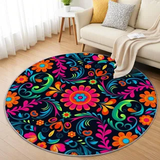 AevuCub Mexikanische Teppich Rund 60 cm Kurzflor - Waschbare Teppiche Wohnzimmer Mexiko Bunte Blumen - Runder Teppich 60 cm Durchmesser Kinderzimmer - Bettvorleger Schlafzimmer rutschfest Weich