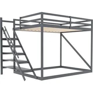 Kinderbett Hochbett(Grau)140x200 mit Sicherheitsleiter, Etagenbett aus Massivholz mit Lattenrost geeignet für Kinder - Grau