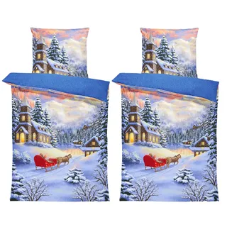 One Home Bettwäsche Winter Thermofleece, Fleece, 4 teilig, Weihnachten Winterlandschaft, kuschelig flauschig warm weich Modern blau