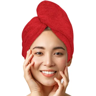 LUXTOGO Premium Haarturban-Handtuch, 100% Baumwolle, Hochwertiges Turban-Handtuch Mit Knopf Und Gummizug, Supersaugfähiges Kopf-Turban (1 STK Rot)