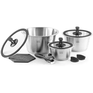cookvision nesto stapelbares Topfset 10-tlg. Schwarz, 3 Edelstahltöpfe induktions-, backofen- und spülmaschinengeeignet, Set mit 3 Glasdeckeln, abnehmbarer Griff, für Paare, Camping, Reisen